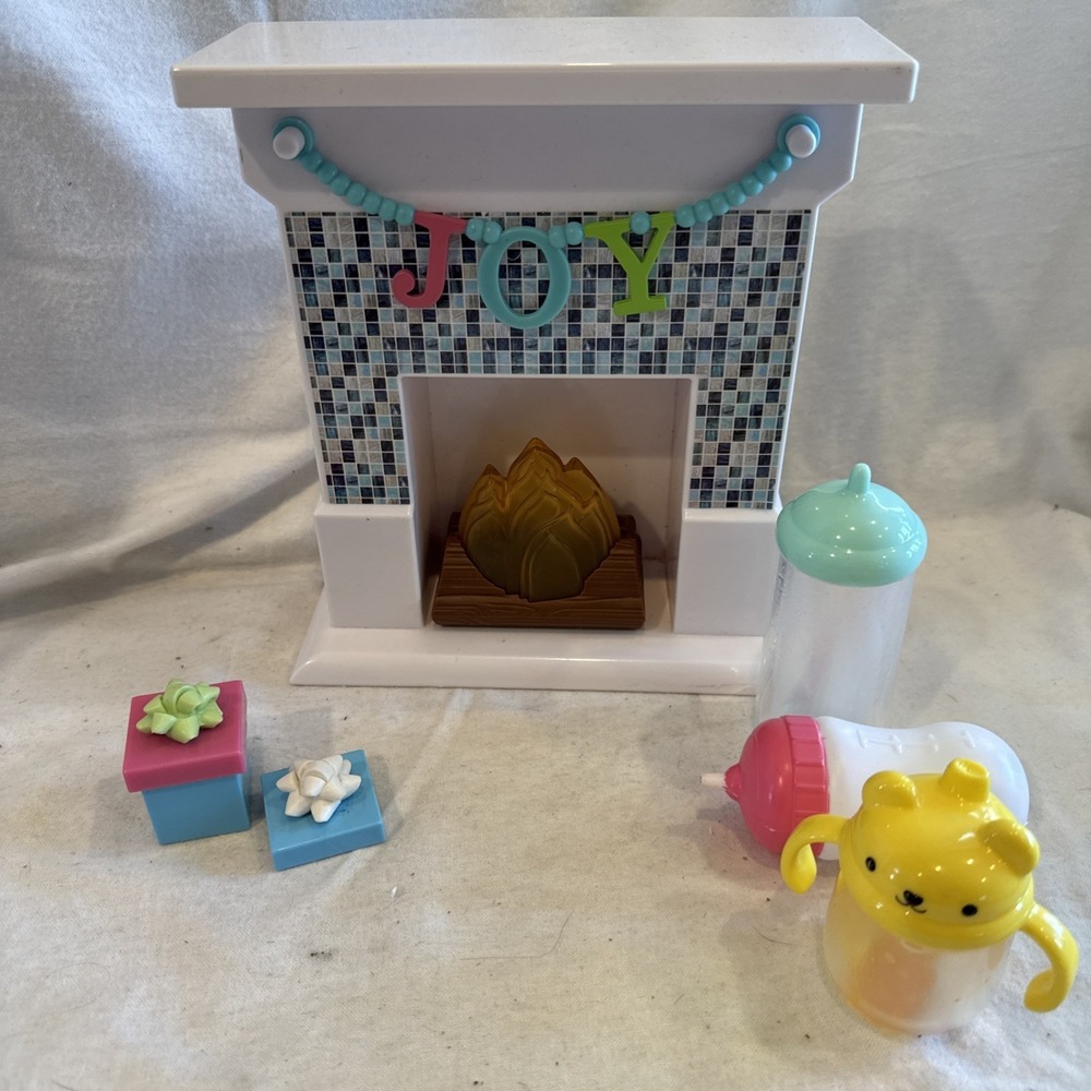 Our Generation 18" Doll Fireplace Mantle Baby Doll Bottles Present Lot